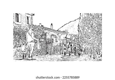 Der Ausblick auf das Gebäude mit Wahrzeichen von Pollenca ist der 
Stadt in Spanien. Handgezeichnete Skizzengrafik in Vektorgrafik.