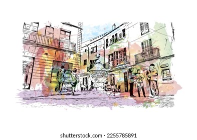 La vista de edificio con un punto de referencia de Pollenca es el 
ciudad de España. Salto de color de agua con ilustración de esbozo dibujada a mano en vector.