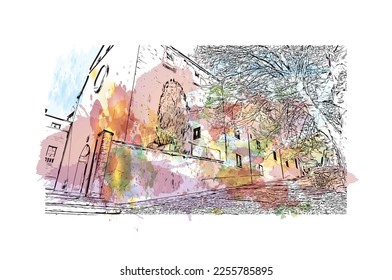 Der Ausblick auf das Gebäude mit Wahrzeichen von Pollenca ist der 
Stadt in Spanien. Aquarellspritzer mit handgezeichneter Skizzengrafik in Vektorgrafik.