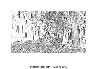 La vista de edificio con un punto de referencia de Pollenca es el 
ciudad de España. Dibujo a mano de ilustración de esbozo en vector.