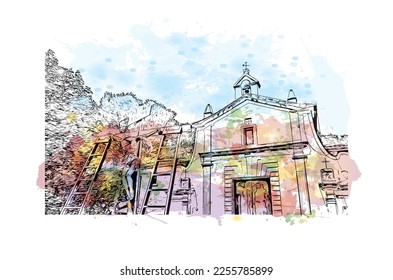 Building view with landmark of Pollenca is the 
town in  Spain. Watercolor splash with hand drawn sketch illustration in vector.
