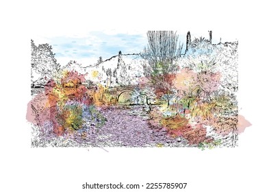 Building view with landmark of Pollenca is the 
town in  Spain. Watercolor splash with hand drawn sketch illustration in vector.
