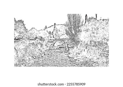 Building view with landmark of Pollenca is the 
town in  Spain. Hand drawn sketch illustration in vector.