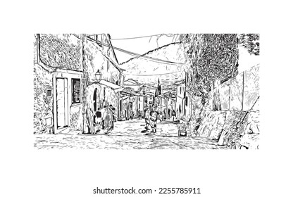 La vista de edificio con un punto de referencia de Pollenca es el 
ciudad de España. Dibujo a mano de ilustración de esbozo en vector.