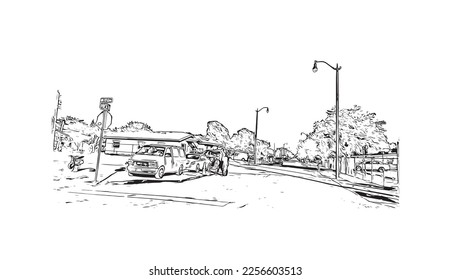La vista de edificio con un punto de referencia de Pompano es el 
ciudad de Florida. Dibujo a mano de ilustración de esbozo en vector.