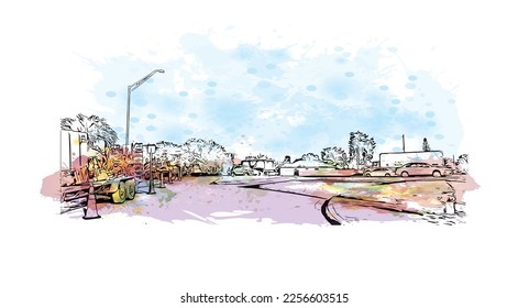 Building view with landmark of Pompano  is the 
city in Florida. Watercolor splash with hand drawn sketch illustration in vector.