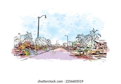 Building view with landmark of Pompano  is the 
city in Florida. Watercolor splash with hand drawn sketch illustration in vector.
