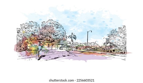 La vista de edificio con un punto de referencia de Pompano es el 
ciudad de Florida. Salto de color de agua con ilustración de esbozo dibujada a mano en vector.