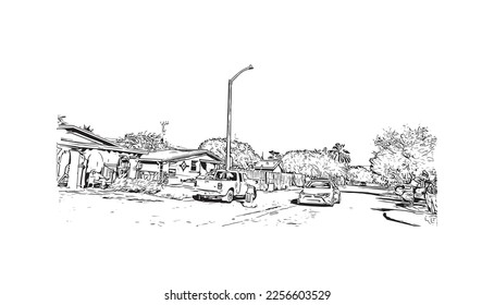 Building view with landmark of Pompano  is the 
city in Florida. Hand drawn sketch illustration in vector.
