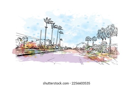 Building view with landmark of Pompano  is the 
city in Florida. Watercolor splash with hand drawn sketch illustration in vector.