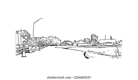 Building view with landmark of Pompano  is the 
city in Florida. Hand drawn sketch illustration in vector.