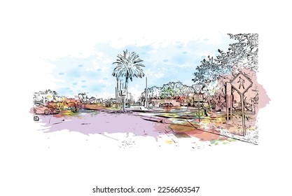 Building view with landmark of Pompano  is the 
city in Florida. Watercolor splash with hand drawn sketch illustration in vector.