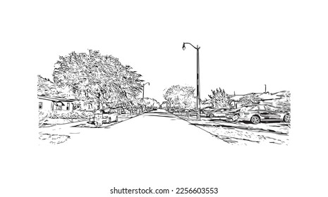 Building view with landmark of Pompano  is the 
city in Florida. Hand drawn sketch illustration in vector.