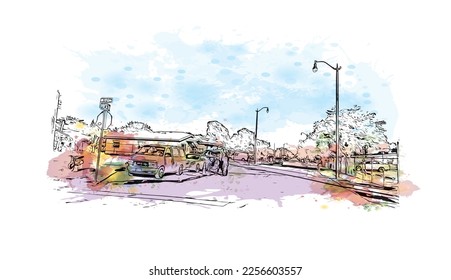 Building view with landmark of Pompano  is the 
city in Florida. Watercolor splash with hand drawn sketch illustration in vector.