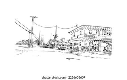 La vista de edificio con un punto de referencia de Pompano es el 
ciudad de Florida. Dibujo a mano de ilustración de esbozo en vector.