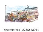 Building view with landmark of Pontevedra  is the beach in Jacksonville. Watercolor splash with hand drawn sketch illustration in vector.