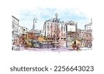 Building view with landmark of Pontevedra  is the beach in Jacksonville. Watercolor splash with hand drawn sketch illustration in vector.