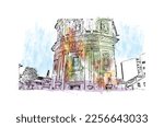 Building view with landmark of Pontevedra  is the beach in Jacksonville. Watercolor splash with hand drawn sketch illustration in vector.