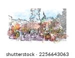 Building view with landmark of Pontevedra  is the beach in Jacksonville. Watercolor splash with hand drawn sketch illustration in vector.