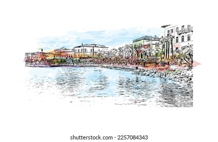 Building view with landmark of Porec is the 
town in Croatia. Watercolor splash with hand drawn sketch illustration in vector.
