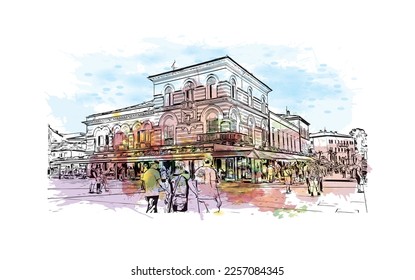 Building view with landmark of Porec is the 
town in Croatia. Watercolor splash with hand drawn sketch illustration in vector.