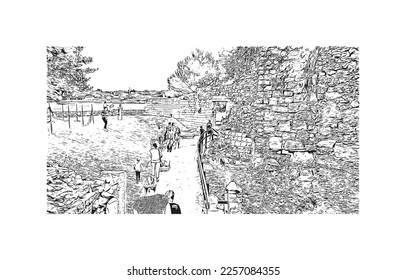 Building view with landmark of Porec is the 
town in Croatia. Hand drawn sketch illustration in vector.
