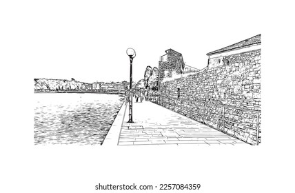 Der Ausblick auf das Gebäude mit Wahrzeichen Porec ist der 
Stadt in Kroatien. Handgezeichnete Skizzengrafik in Vektorgrafik.