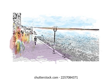 Building view with landmark of Porec is the 
town in Croatia. Watercolor splash with hand drawn sketch illustration in vector.