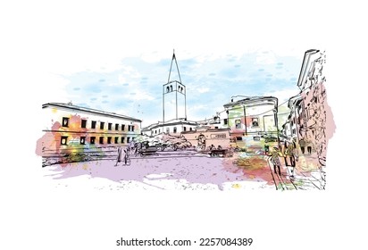 Building view with landmark of Porec is the 
town in Croatia. Watercolor splash with hand drawn sketch illustration in vector.