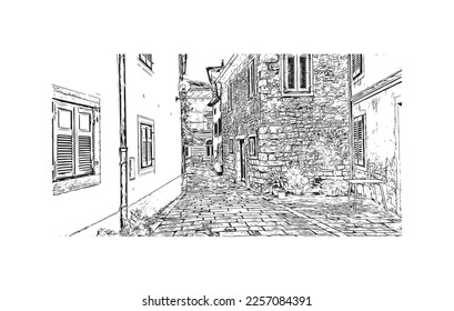 La vista de edificio con un punto de referencia de Porec es la 
ciudad de Croacia. Dibujo a mano de ilustración de esbozo en vector.