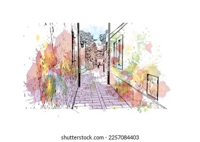 Building view with landmark of Porec is the 
town in Croatia. Watercolor splash with hand drawn sketch illustration in vector.