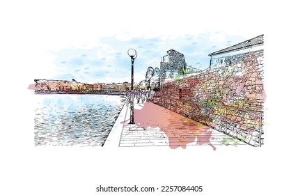 Building view with landmark of Porec is the 
town in Croatia. Watercolor splash with hand drawn sketch illustration in vector.
