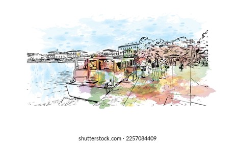 La vista de edificio con un punto de referencia de Porec es la 
ciudad de Croacia. Salto de color de agua con ilustración de esbozo dibujada a mano en vector.