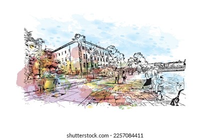 Building view with landmark of Porec is the 
town in Croatia. Watercolor splash with hand drawn sketch illustration in vector.