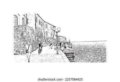 Building view with landmark of Porec is the 
town in Croatia. Hand drawn sketch illustration in vector.