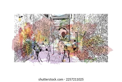 Building view with landmark of Porec is the 
town in Croatia. Watercolor splash with hand drawn sketch illustration in vector.