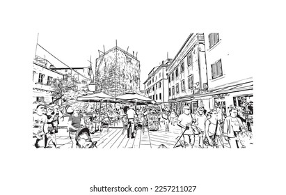 Building view with landmark of Porec is the 
town in Croatia. Hand drawn sketch illustration in vector.