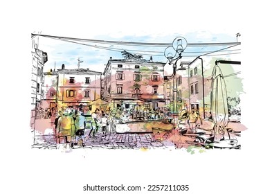 Building view with landmark of Porec is the 
town in Croatia. Watercolor splash with hand drawn sketch illustration in vector.