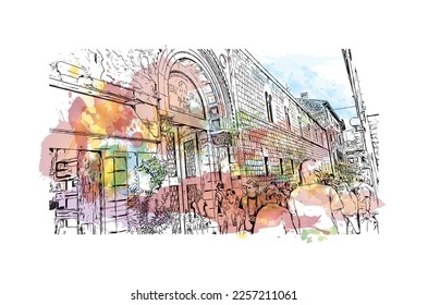 Building view with landmark of Porec is the 
town in Croatia. Watercolor splash with hand drawn sketch illustration in vector.