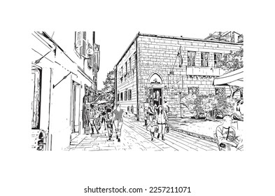 Building view with landmark of Porec is the 
town in Croatia. Hand drawn sketch illustration in vector.