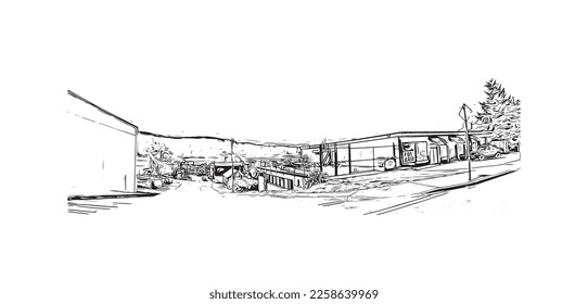 Building view with landmark of Port Alberni is the 
city in Canada. Hand drawn sketch illustration in vector. 