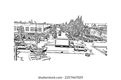 Building view with landmark of Port Angeles is the 
city in Washington State.
Hand drawn sketch illustration in vector.