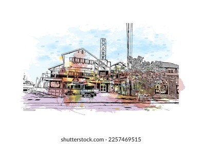 Building view with landmark of Port Angeles is the 
city in Washington State.
Watercolor splash with hand drawn sketch illustration in vector.