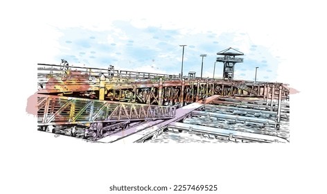 Building view with landmark of Port Angeles is the 
city in Washington State.
Watercolor splash with hand drawn sketch illustration in vector.
