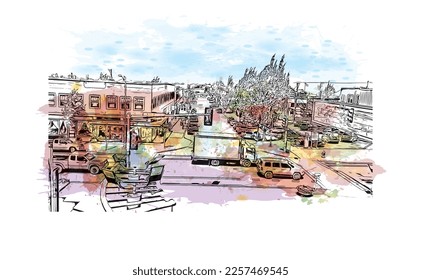 Building view with landmark of Port Angeles is the 
city in Washington State.
Watercolor splash with hand drawn sketch illustration in vector.