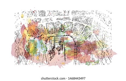Building view with landmark in The port city of Valencia lies on Spain’s southeastern coast. Watercolor splash with Hand drawn sketch illustration in vector.