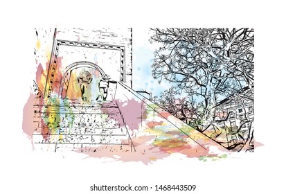 Building view with landmark in The port city of Valencia lies on Spain’s southeastern coast. Watercolor splash with Hand drawn sketch illustration in vector.