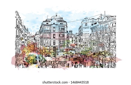 Building view with landmark in The port city of Valencia lies on Spain’s southeastern coast. Watercolor splash with Hand drawn sketch illustration in vector.