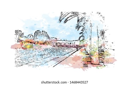 Building view with landmark in The port city of Valencia lies on Spain’s southeastern coast. Watercolor splash with Hand drawn sketch illustration in vector.