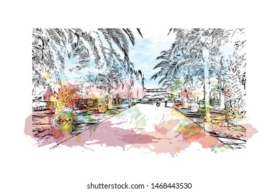 Building view with landmark in The port city of Valencia lies on Spain’s southeastern coast. Watercolor splash with Hand drawn sketch illustration in vector.